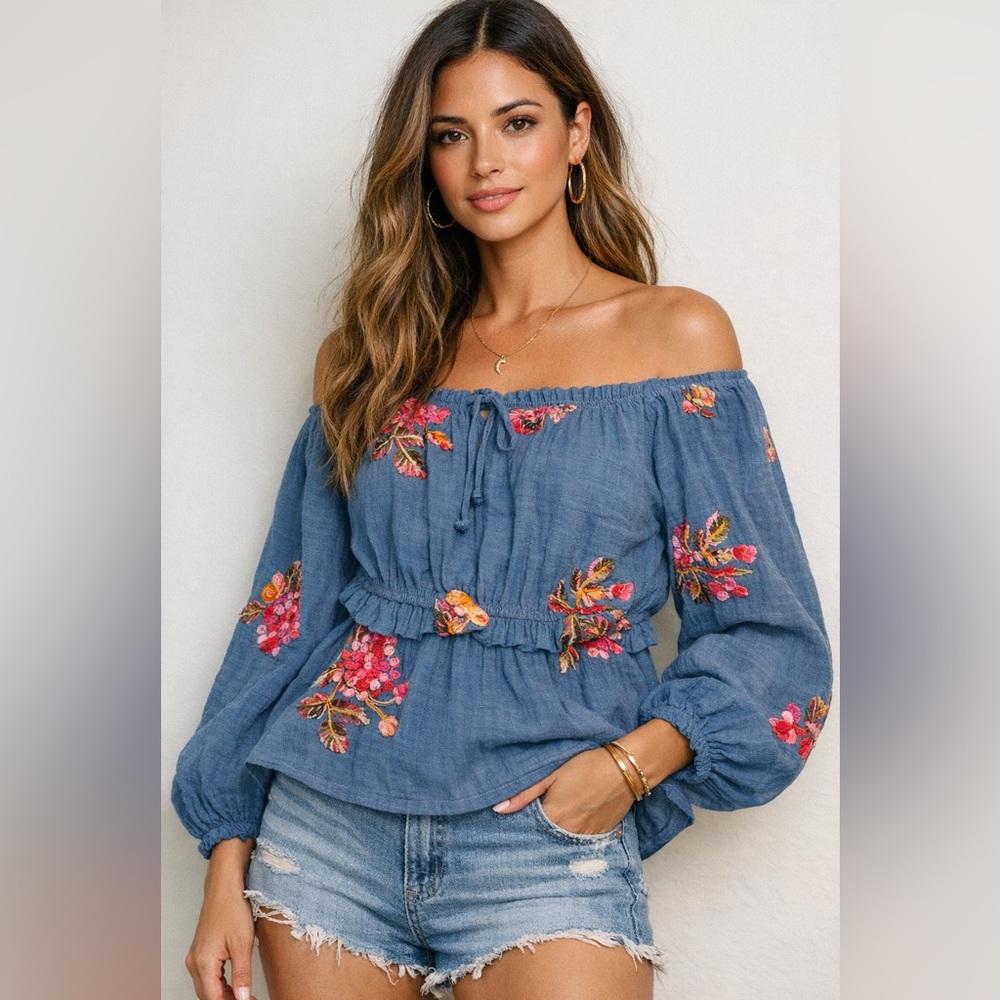 Wild Moss Blue Embroidered Boho Off Shoulder Peasant Blouse Floral Top size L